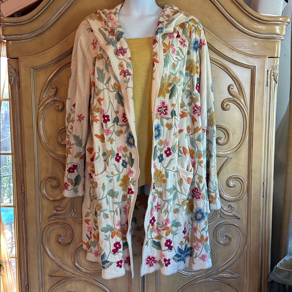 Johnny Was Cream Hooded Long Cardigan with Multicolor Floral Embroidery